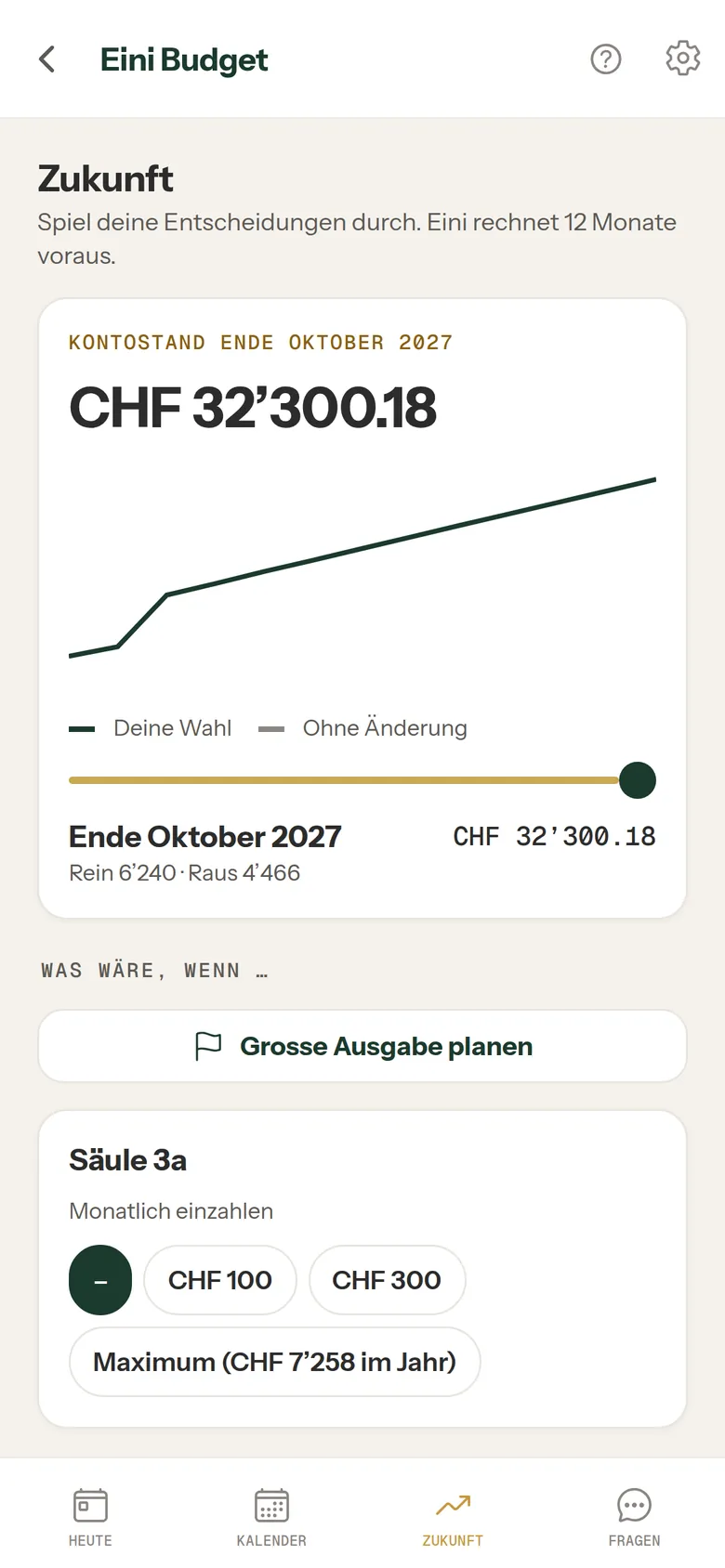 Zukunft: Kontostand Ende Oktober 2027 mit einer Säule 3a als Szenario