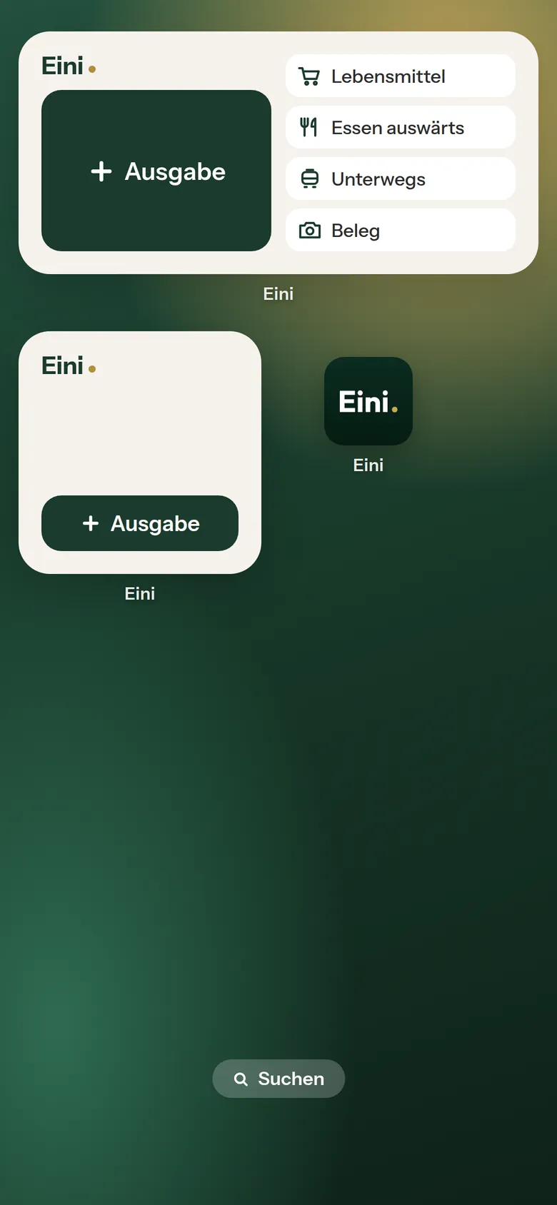iPhone-Home-Bildschirm mit den Eini-Widgets: + Ausgabe und drei Kategorien, ohne Beträge