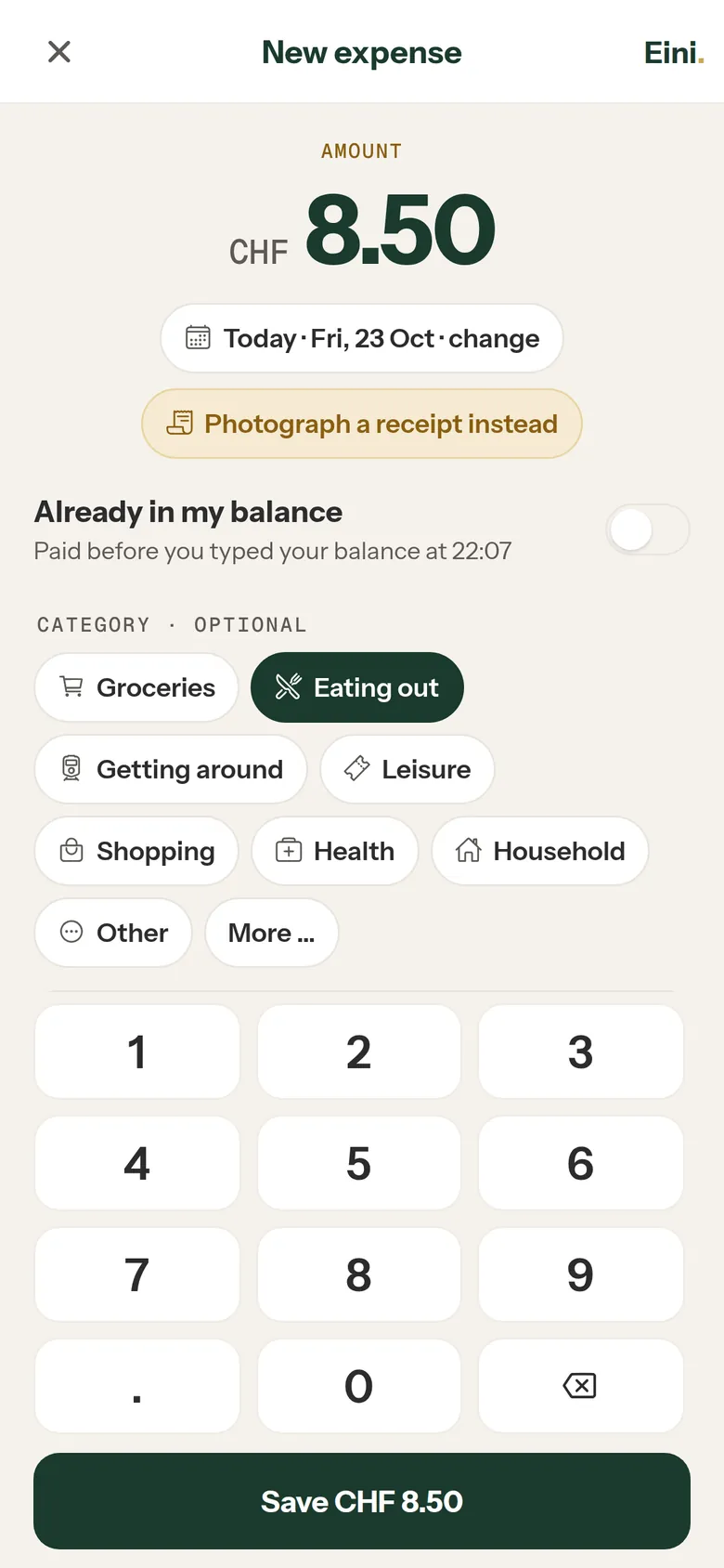 New expense: logging CHF 8.50 in the category Eating out