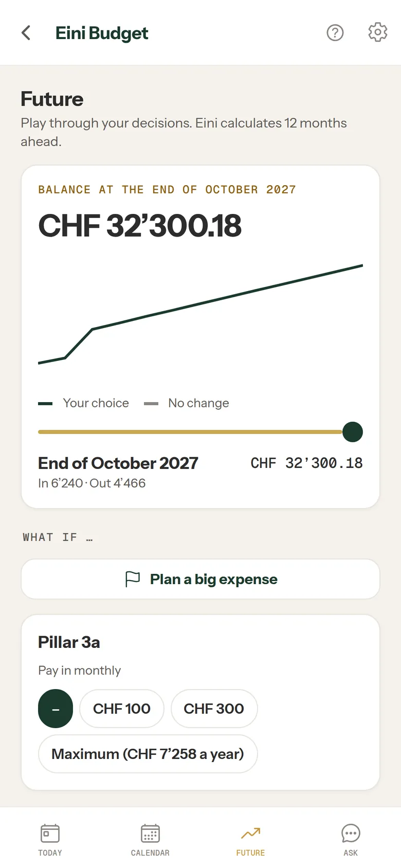 Future: balance at the end of October 2027 with a pillar 3a as a scenario