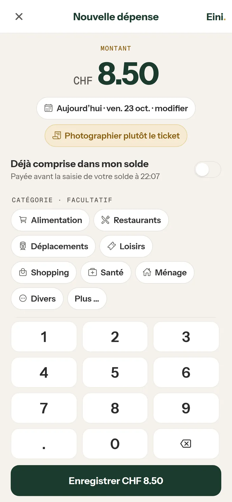 Nouvelle dépense : noter CHF 8.50 dans la catégorie Restaurants