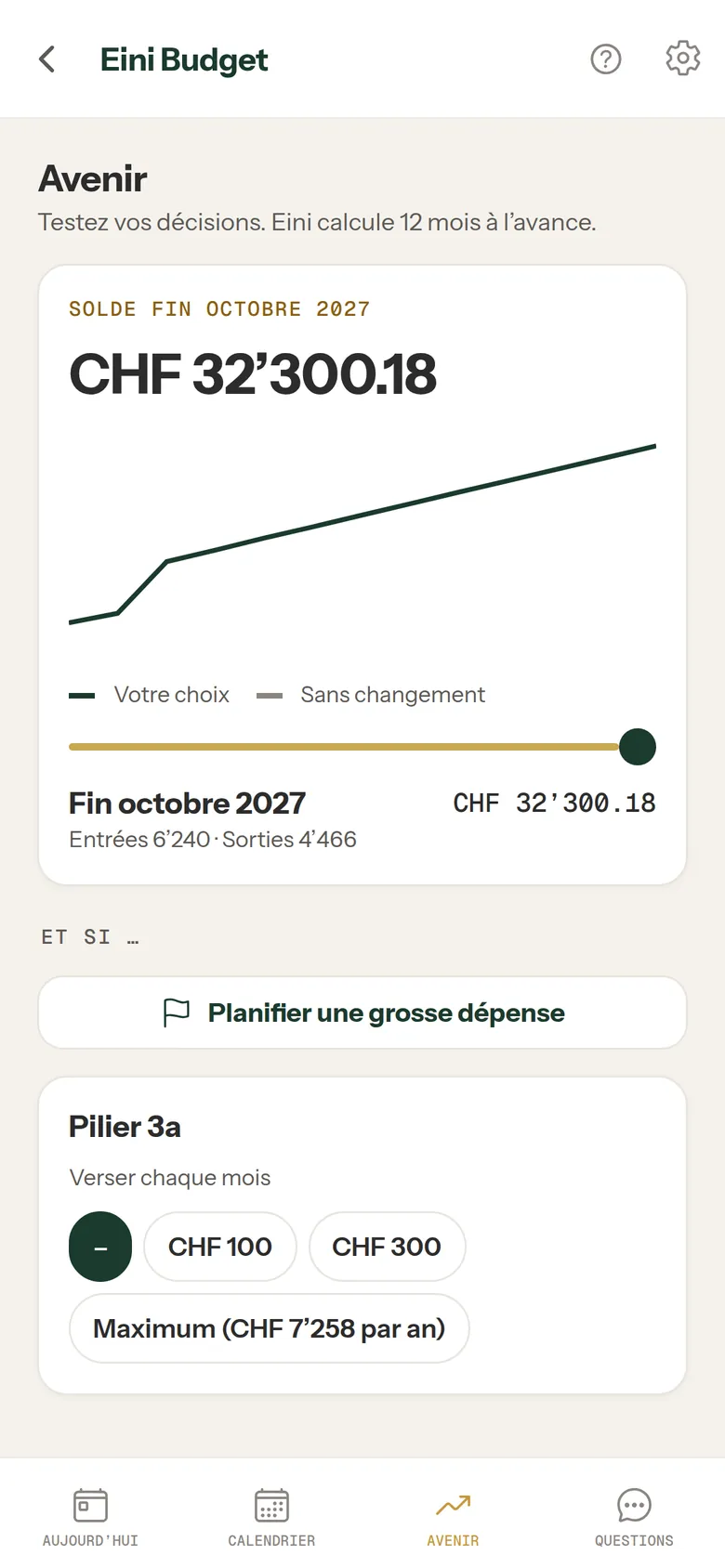 Avenir : solde fin octobre 2027 avec un pilier 3a comme scénario