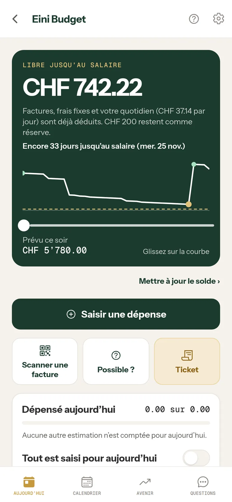 Eini Budget, vue Aujourd’hui : CHF 742.22 libres jusqu’au salaire, factures, frais fixes et quotidien déjà déduits, encore 33 jours jusqu’au salaire