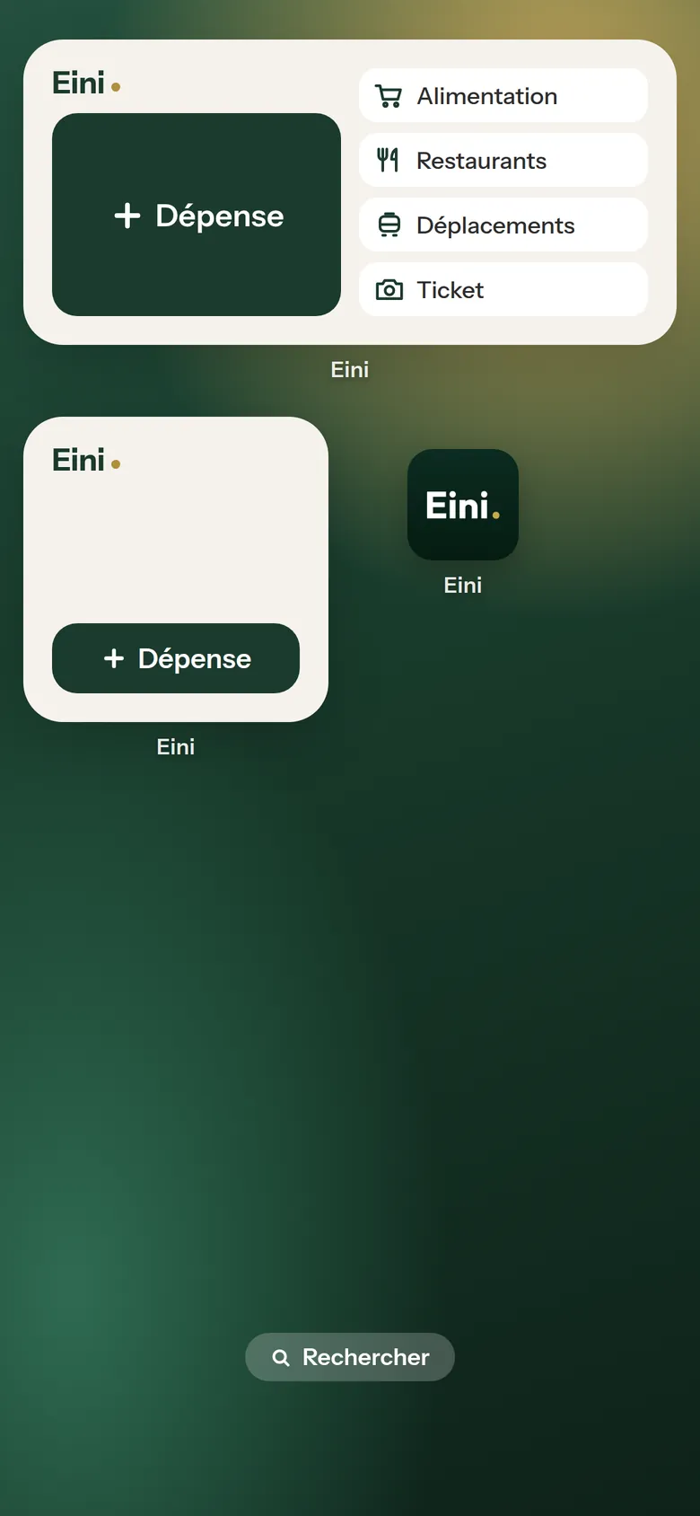 Écran d’accueil de l’iPhone avec les widgets Eini : + Dépense et trois catégories, sans montants
