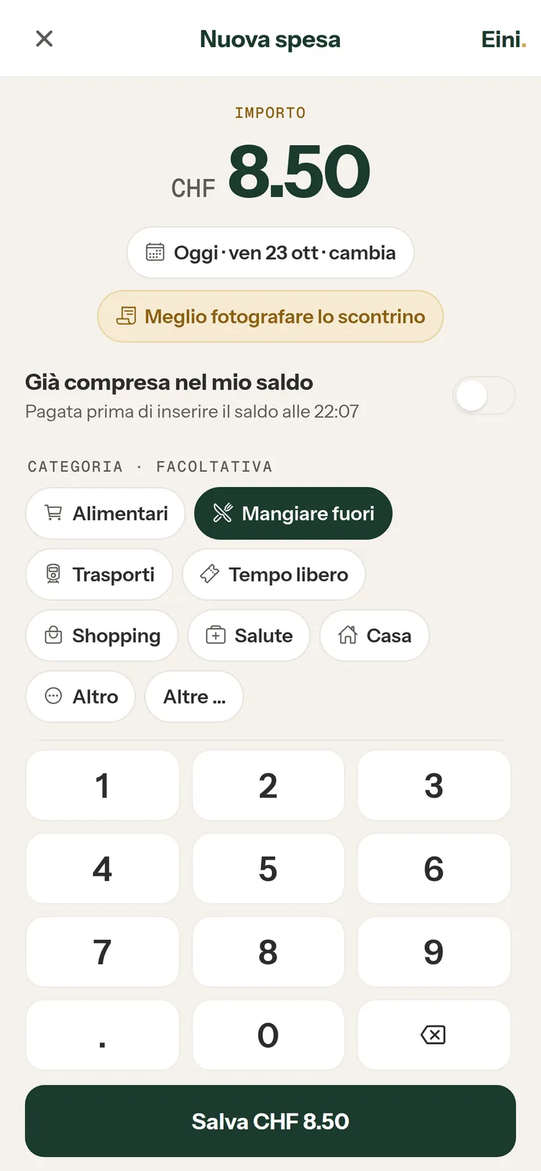 Nuova spesa: registrare CHF 8.50 nella categoria Mangiare fuori