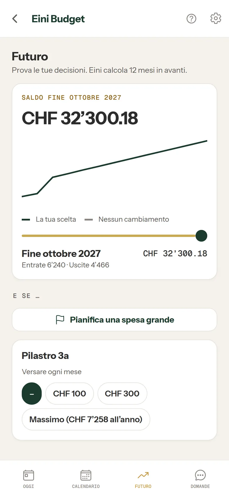 Futuro: saldo a fine ottobre 2027 con un pilastro 3a come scenario