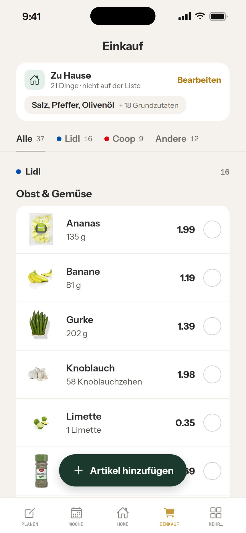 Bildschirm mit Einkaufsliste, sortiert nach Laden