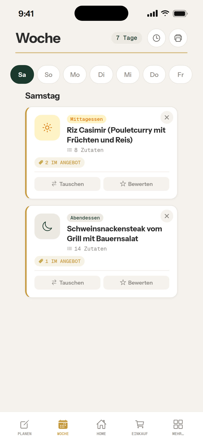 Bildschirm mit Wochen-Menüplan