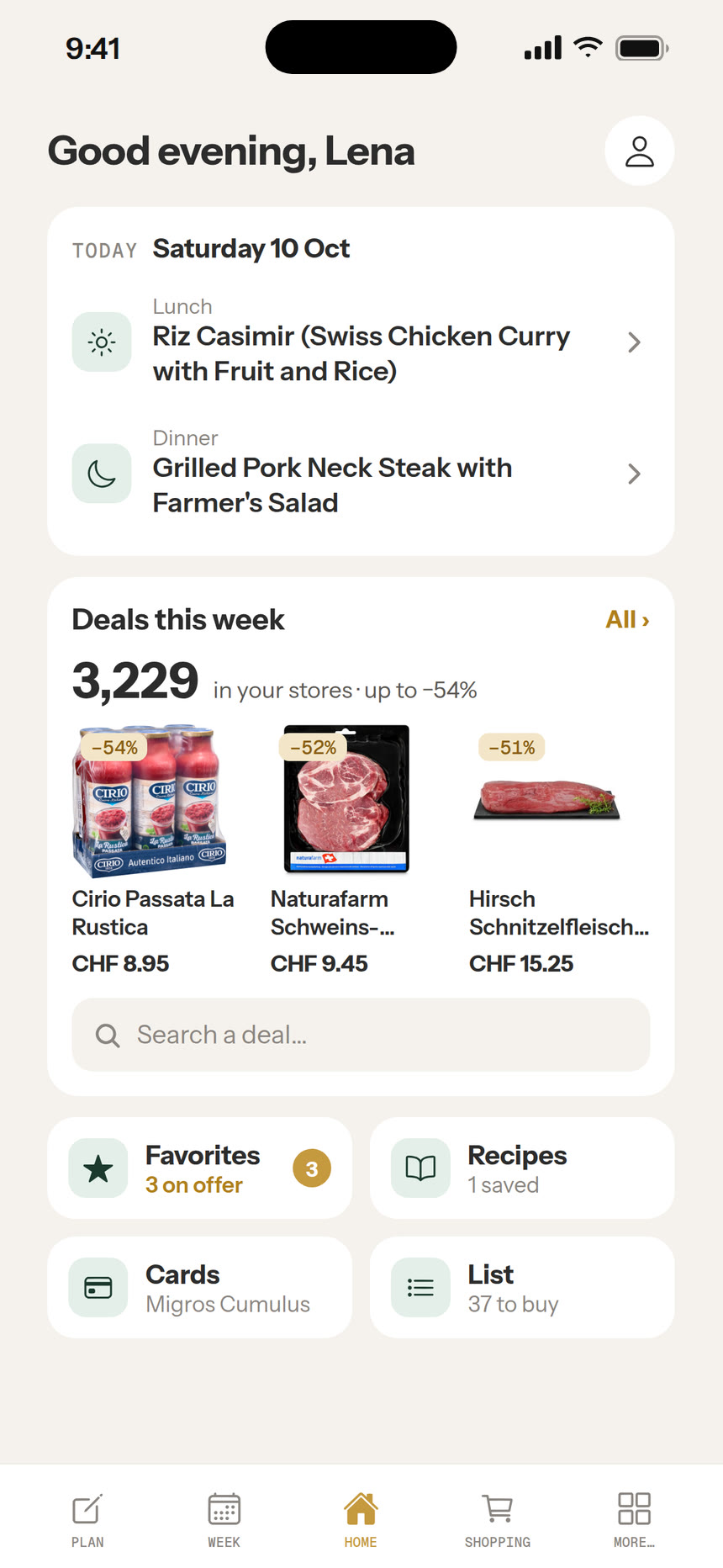 Eini home screen with today’s menu and this week’s deals