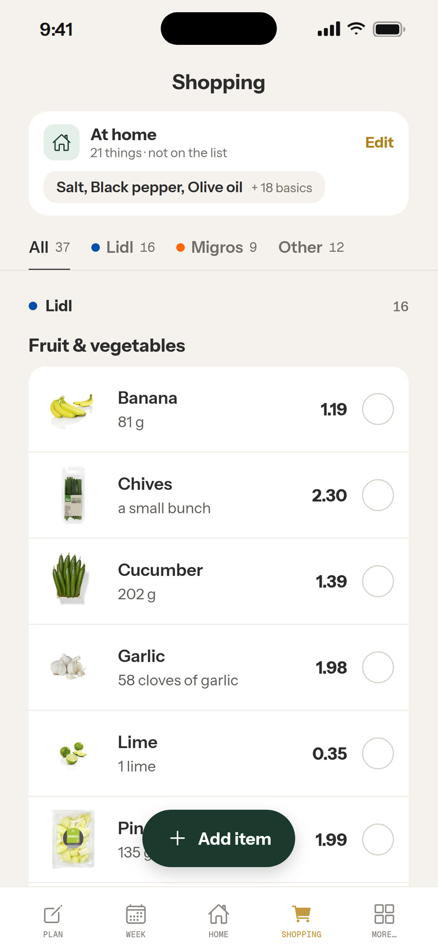Shopping list screen, sorted by store
