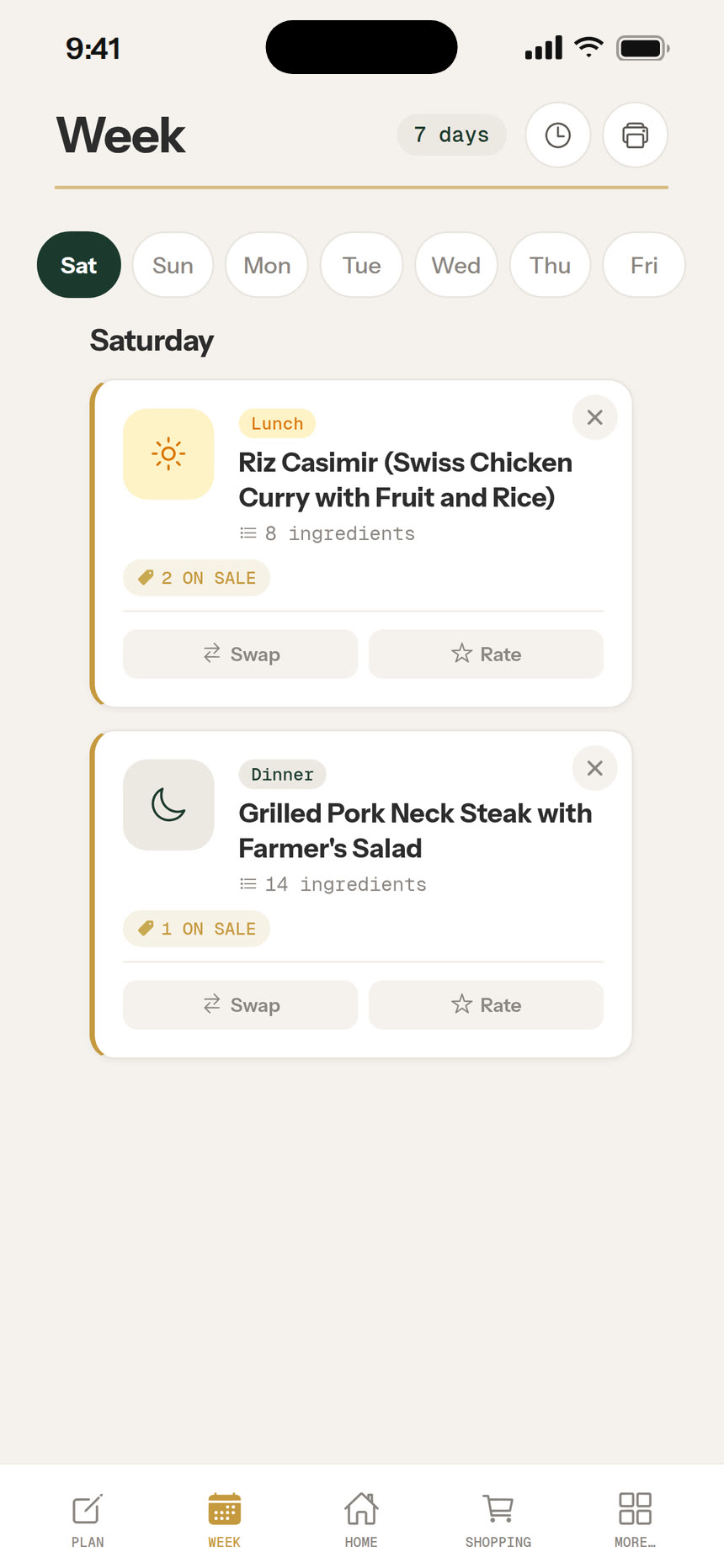 Weekly meal plan screen