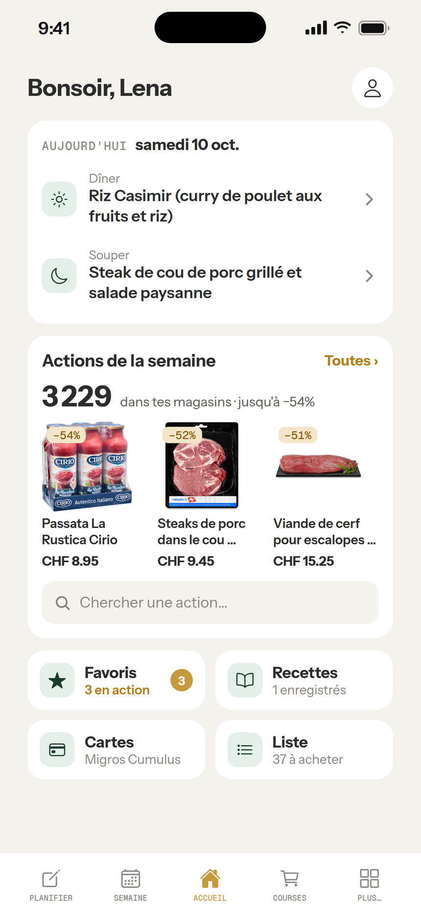 Écran d’accueil d’Eini avec le menu du jour et les promos de la semaine