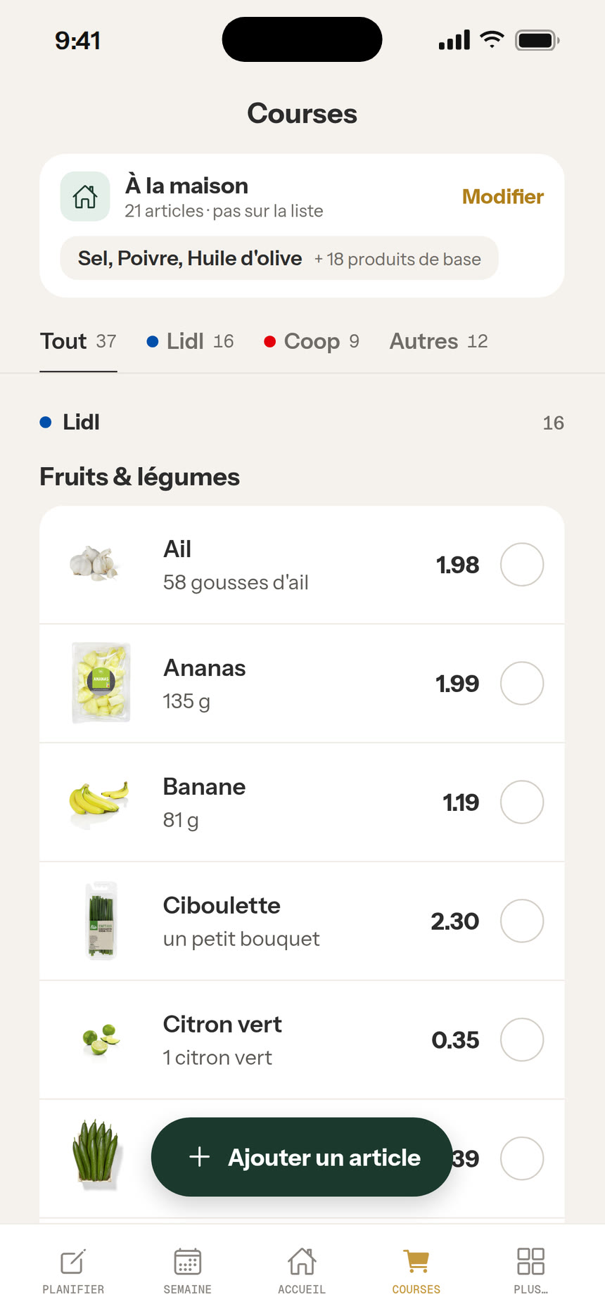 Écran de la liste de courses, triée par magasin
