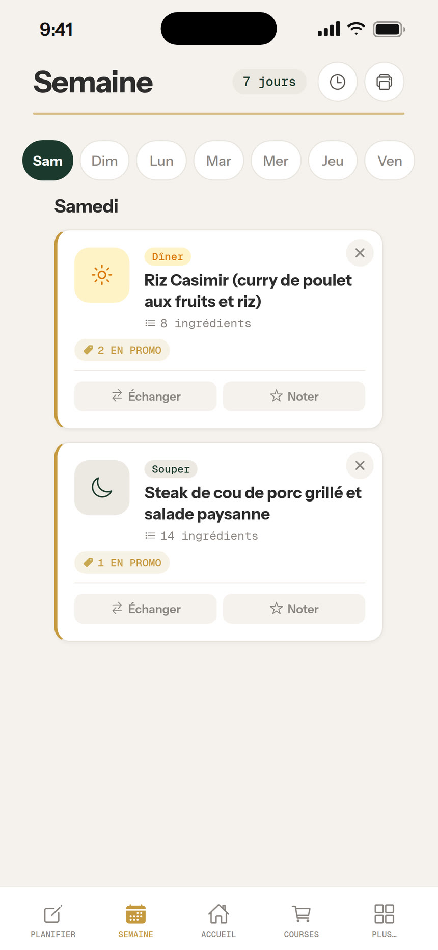 Écran du menu de la semaine