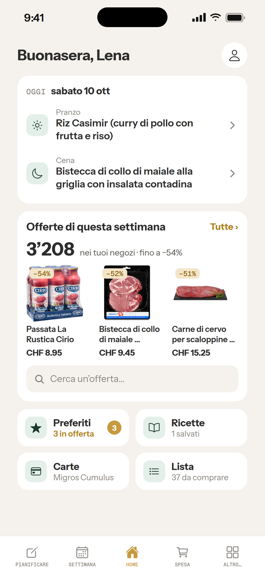 Schermata iniziale di Eini con il menù di oggi e le offerte della settimana