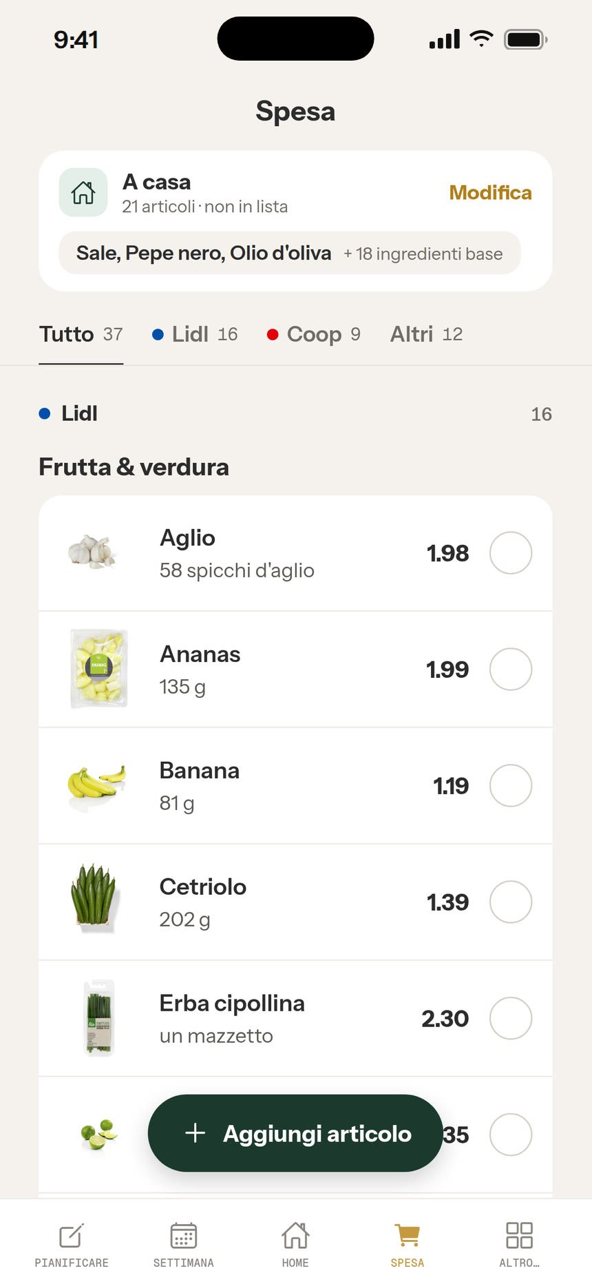Schermata della lista della spesa, ordinata per negozio
