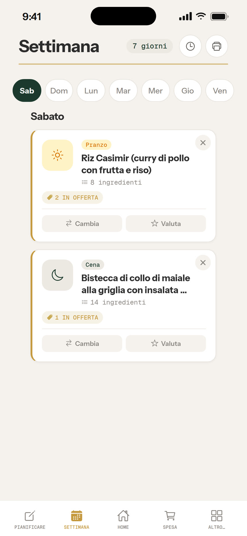 Schermata del menù settimanale