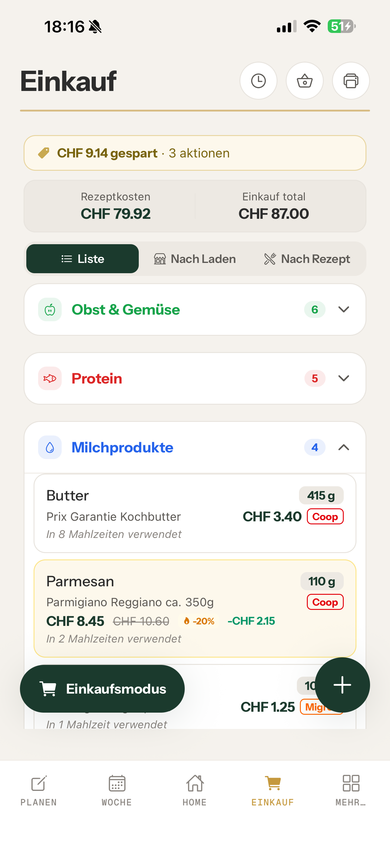 Automatic shopping list screen