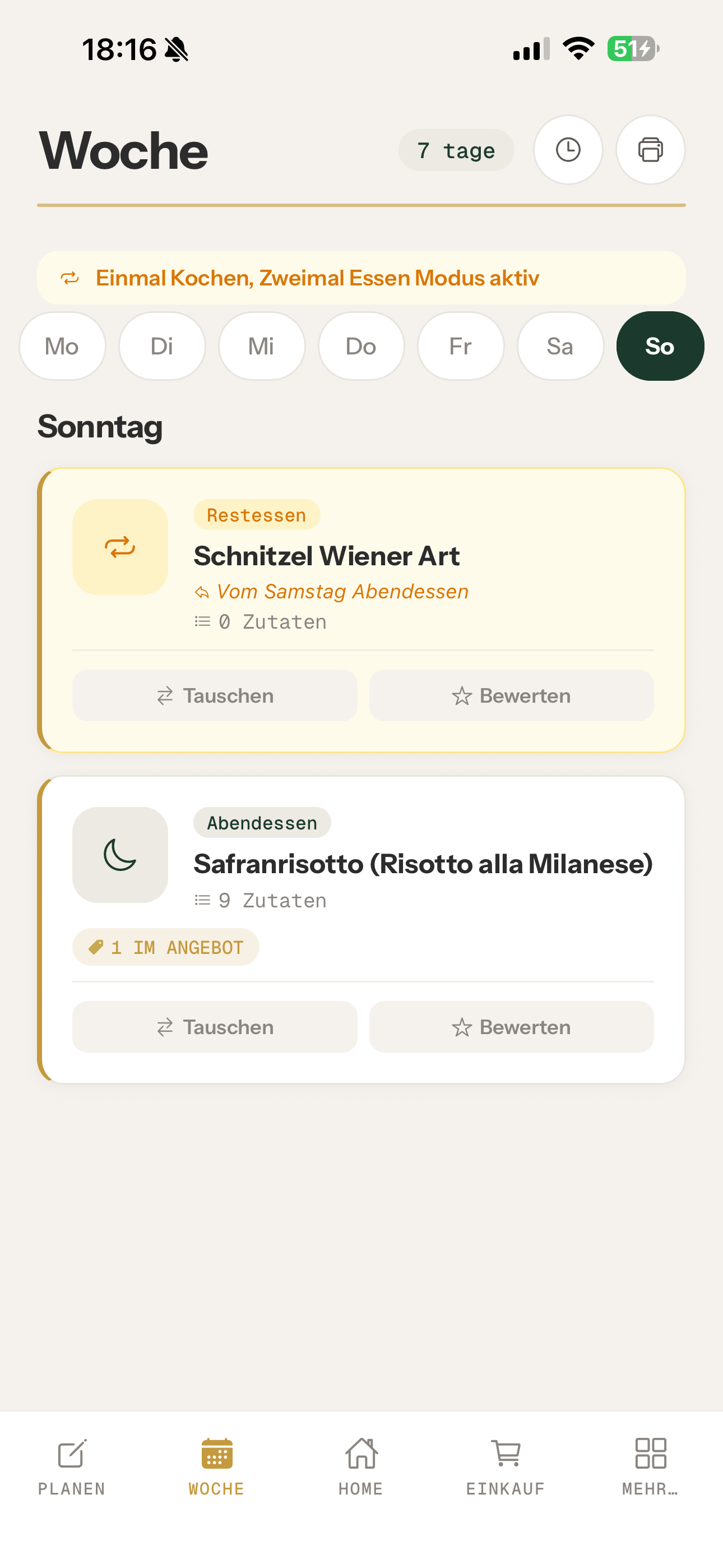 Weekly meal plan screen