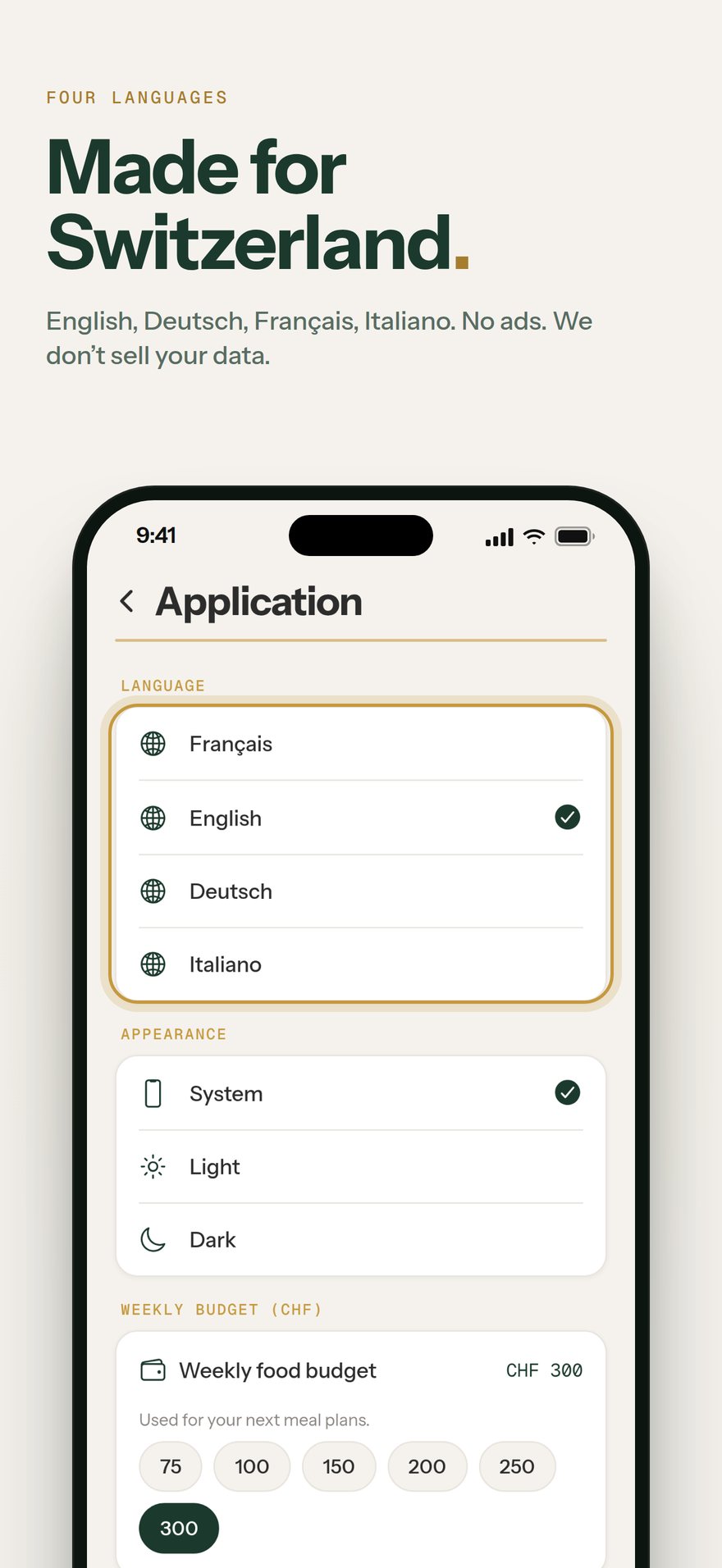 Language settings: Made for Switzerland.