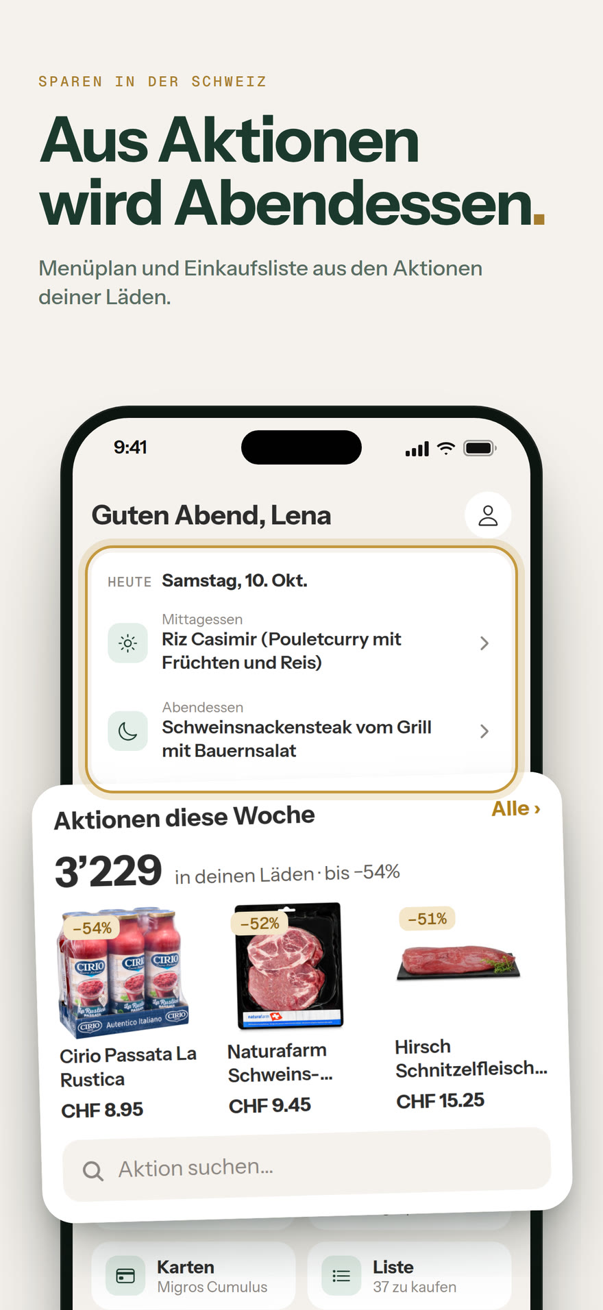 Startbildschirm: Aus Aktionen wird Abendessen.