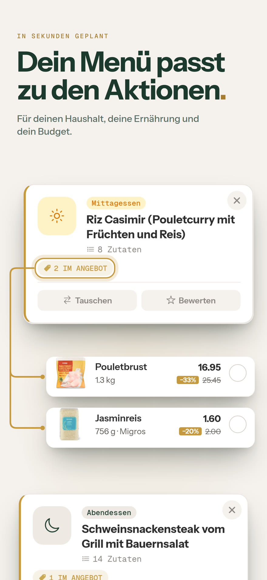 Menü der Woche: Dein Menü passt zu den Aktionen.