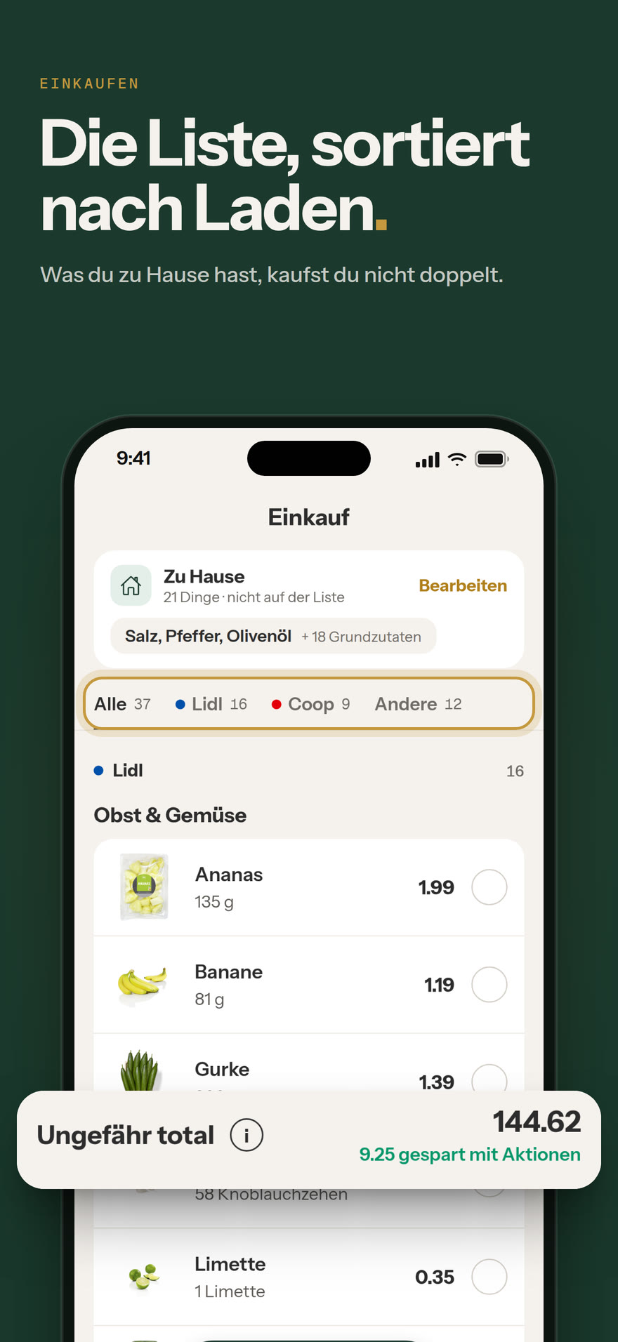 Einkaufsliste: Die Liste, sortiert nach Laden.