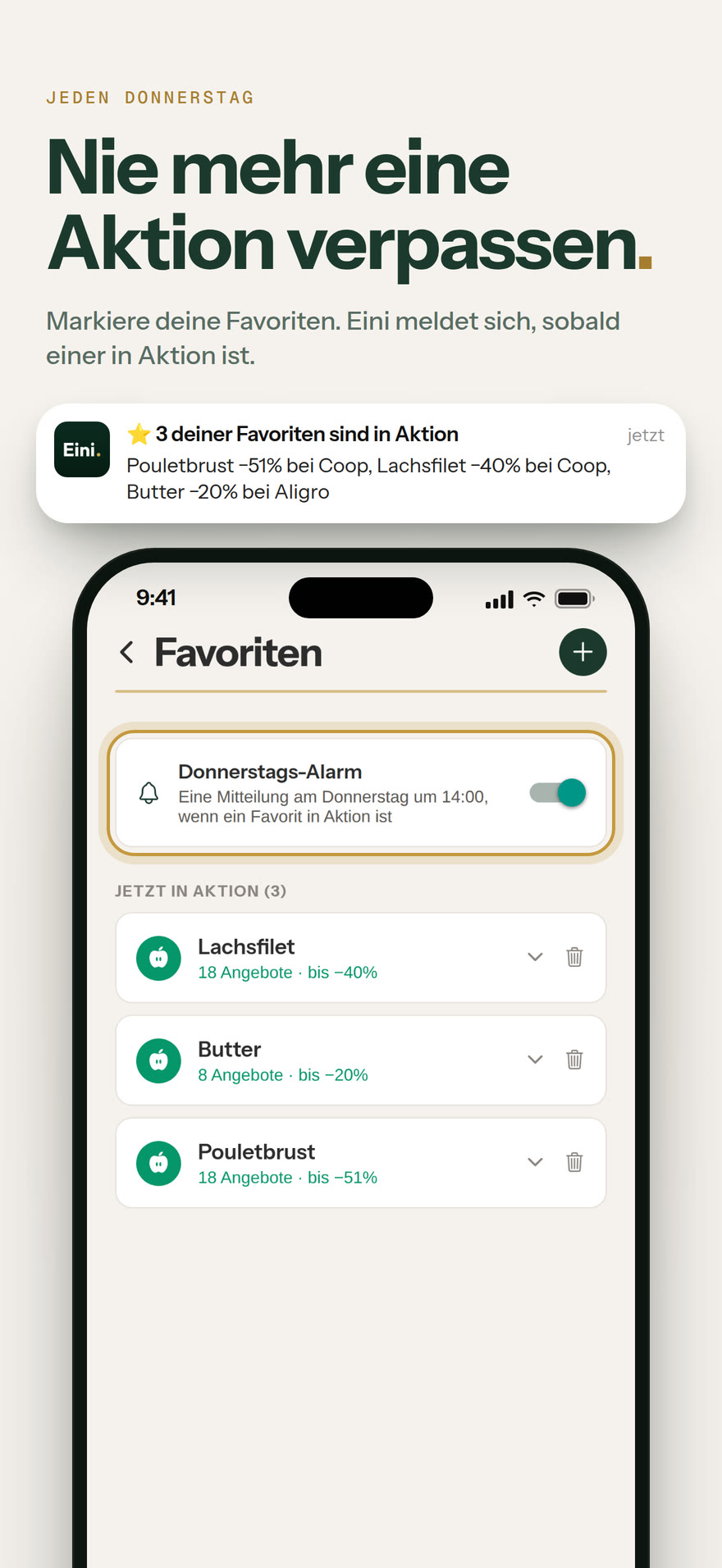 Favoriten: Nie mehr eine Aktion verpassen.