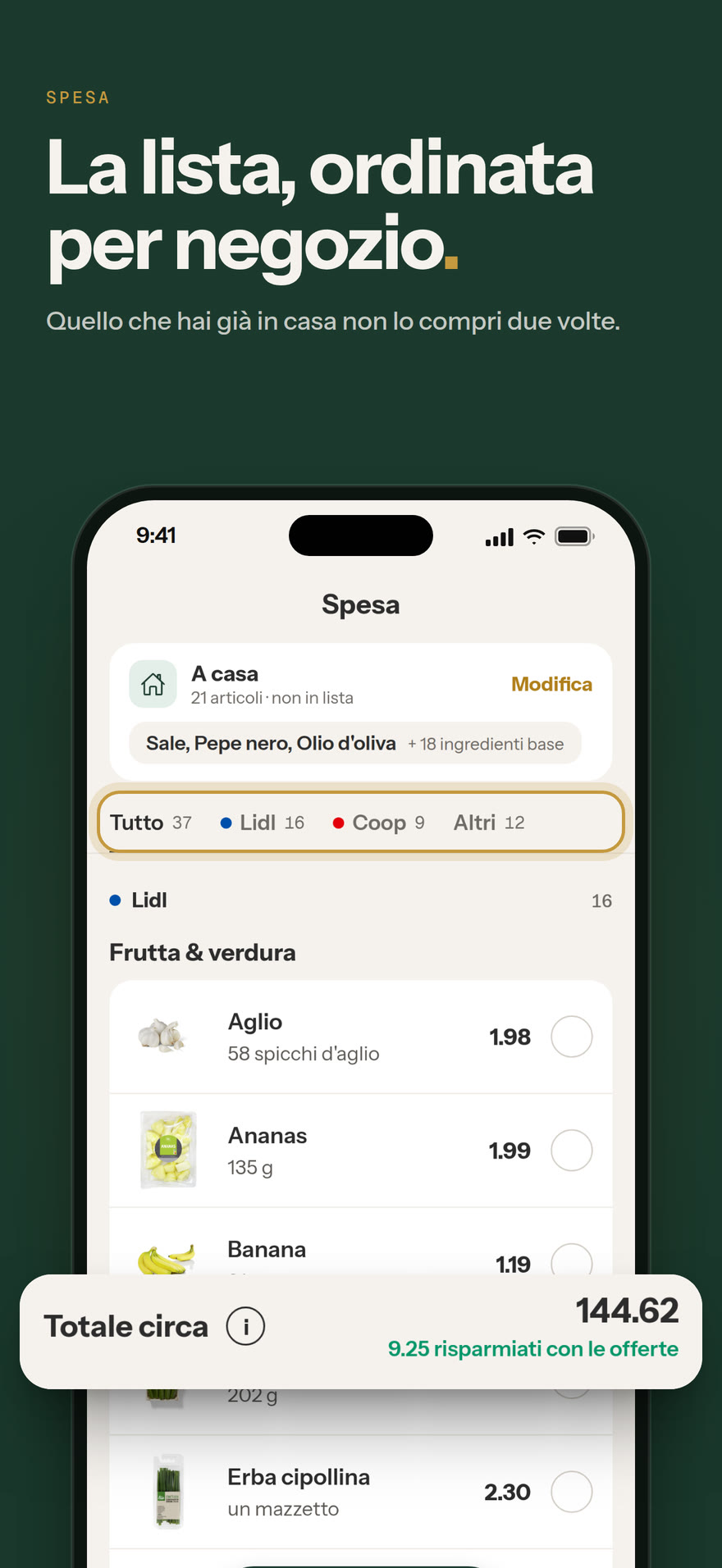 Lista della spesa: La lista, ordinata per negozio.