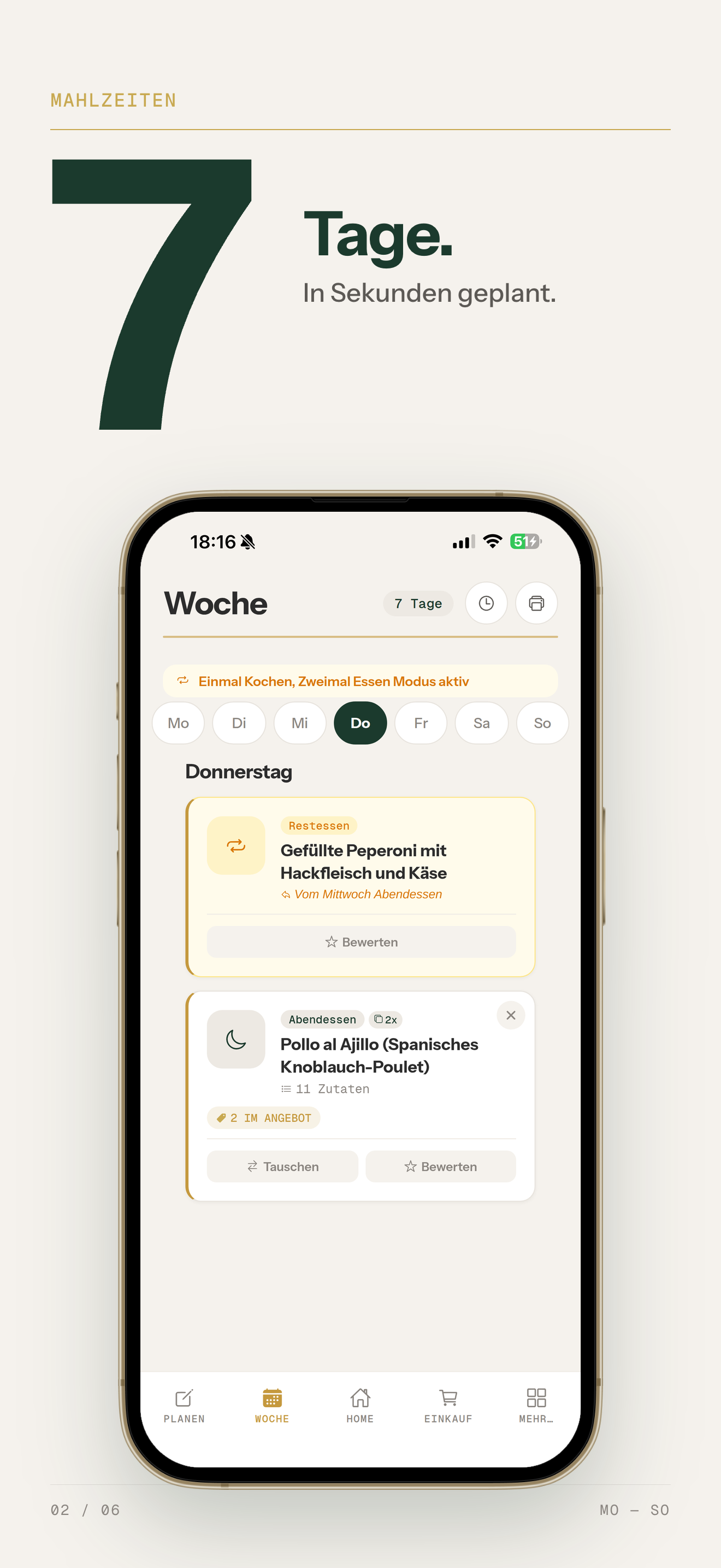 Eini: Wochen-Menüplan mit Mittag- und Abendessen