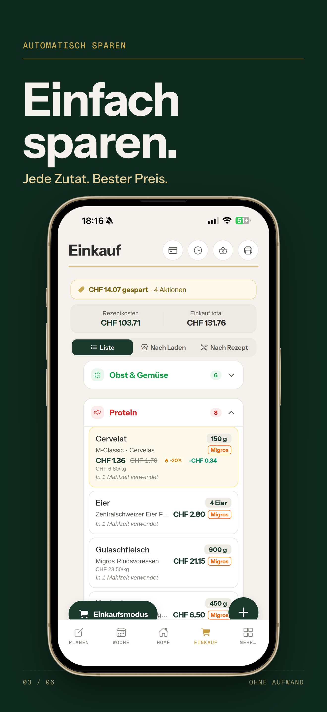 Eini: Einkaufsliste nach Laden sortiert, mit Preisen