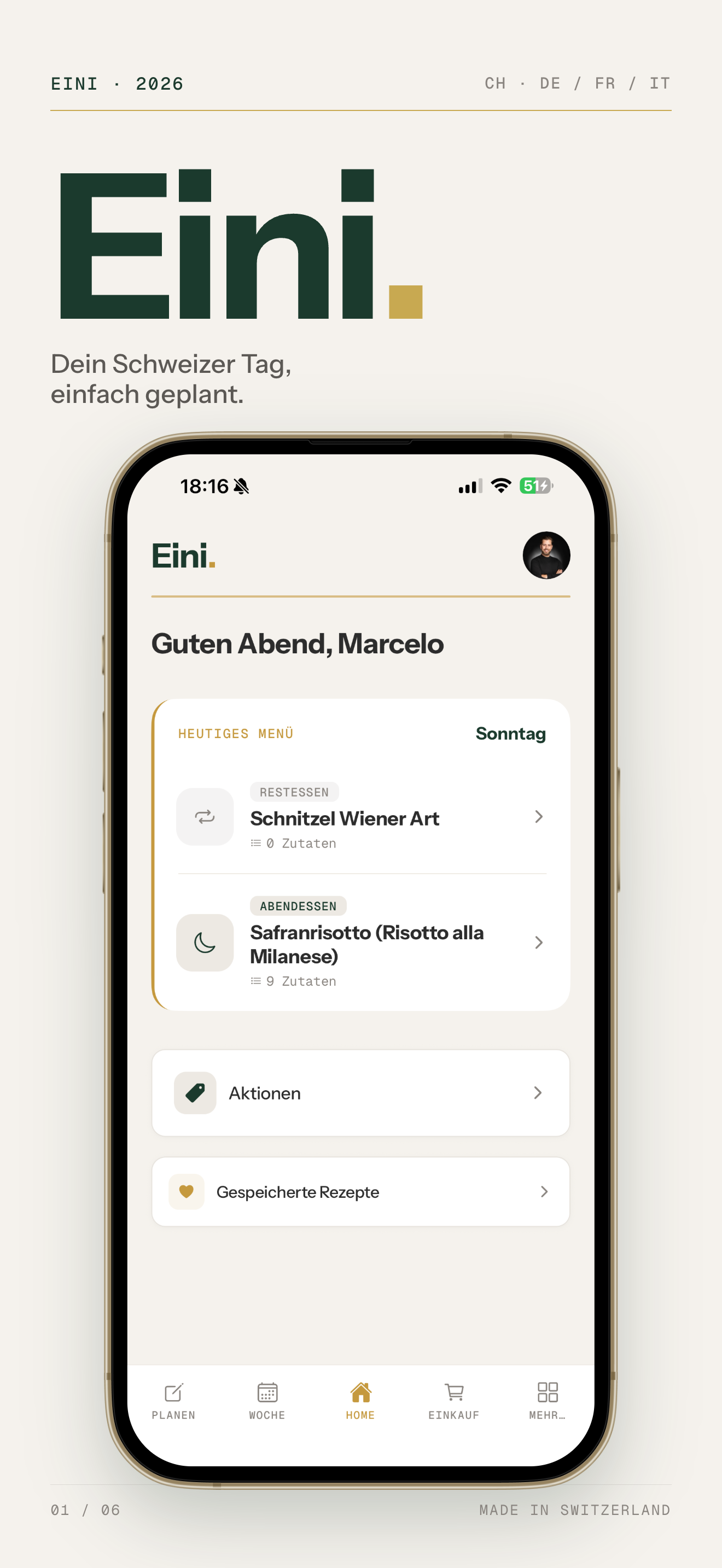 Eini. home screen with today's menu