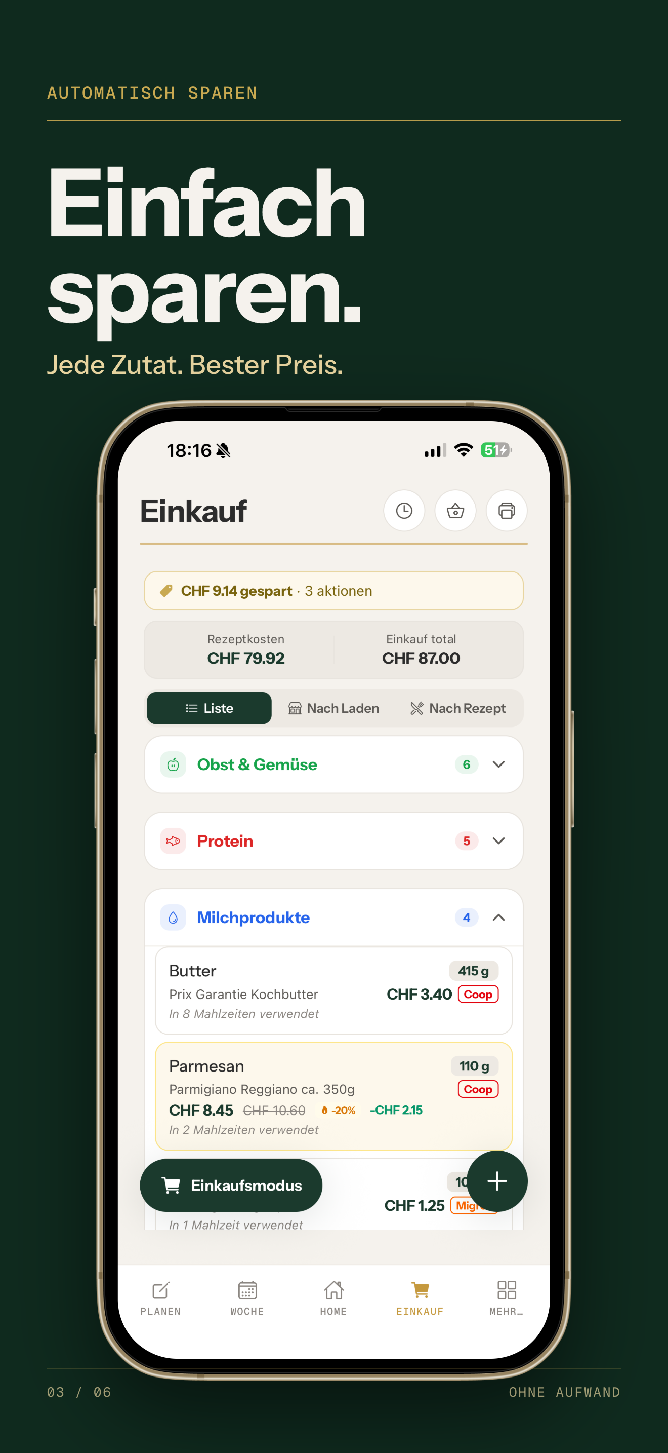 Automatic shopping list with Swiss prices