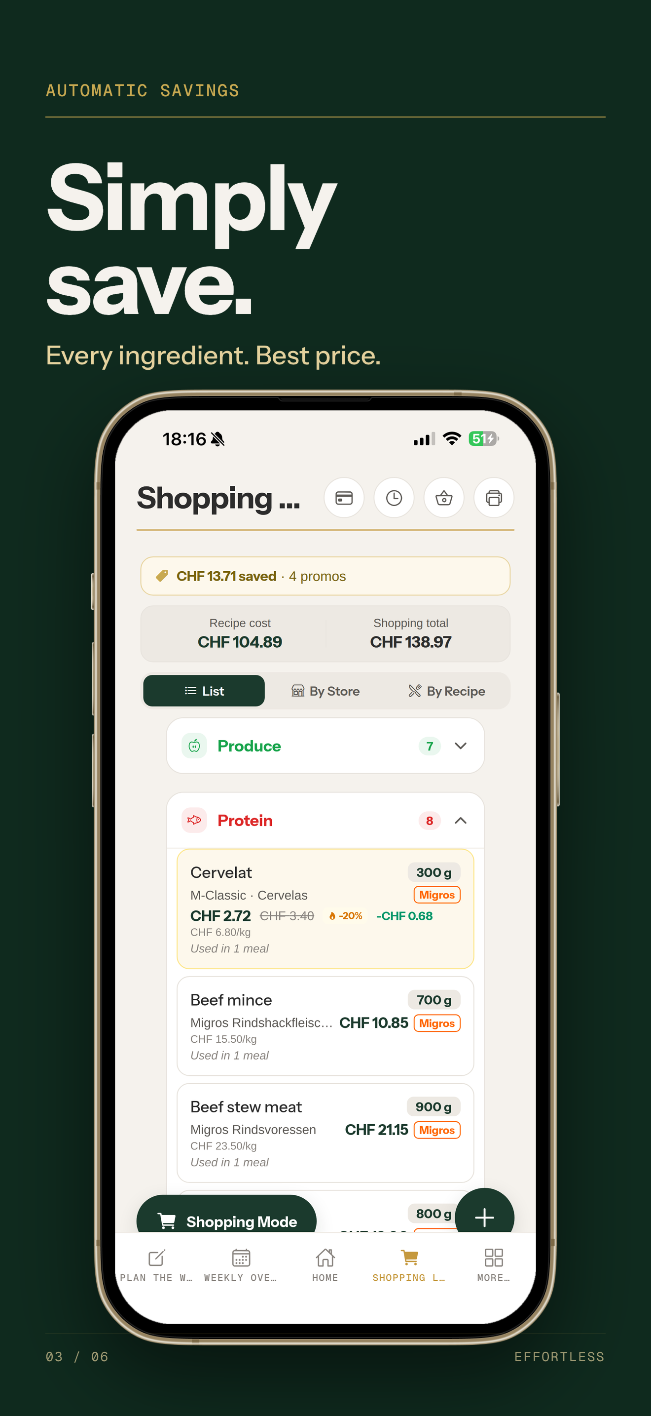 Eini: shopping list sorted by store, with prices