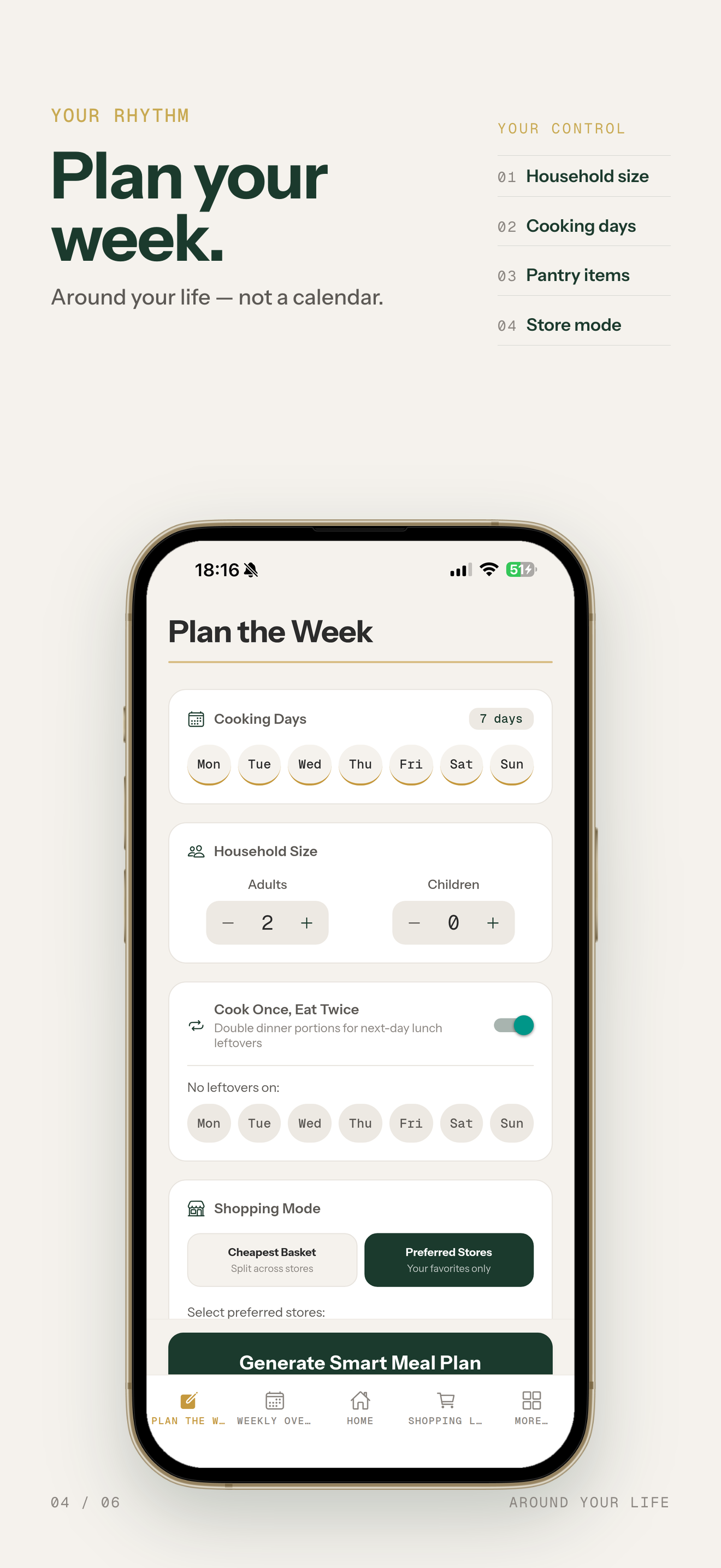 Eini: plan the week by household, cooking days, pantry and stores