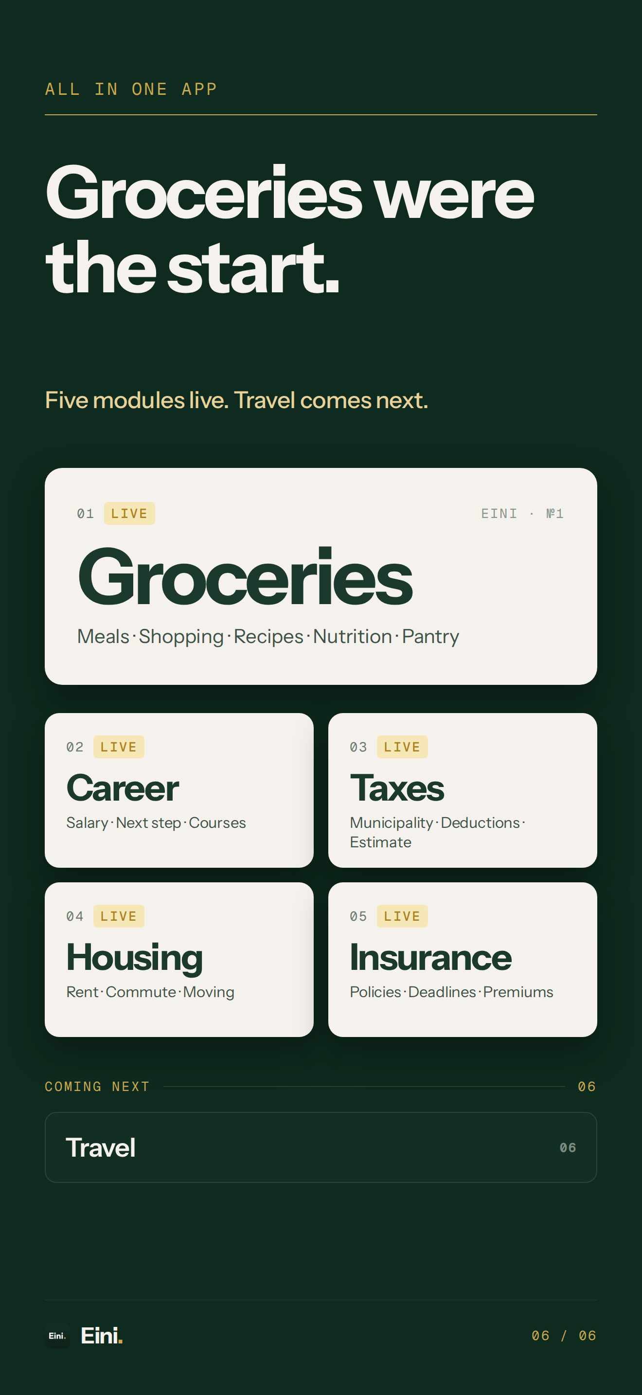 Eini Premium: Groceries, Career, Taxes, Housing and Insurance are live, Travel comes next.
