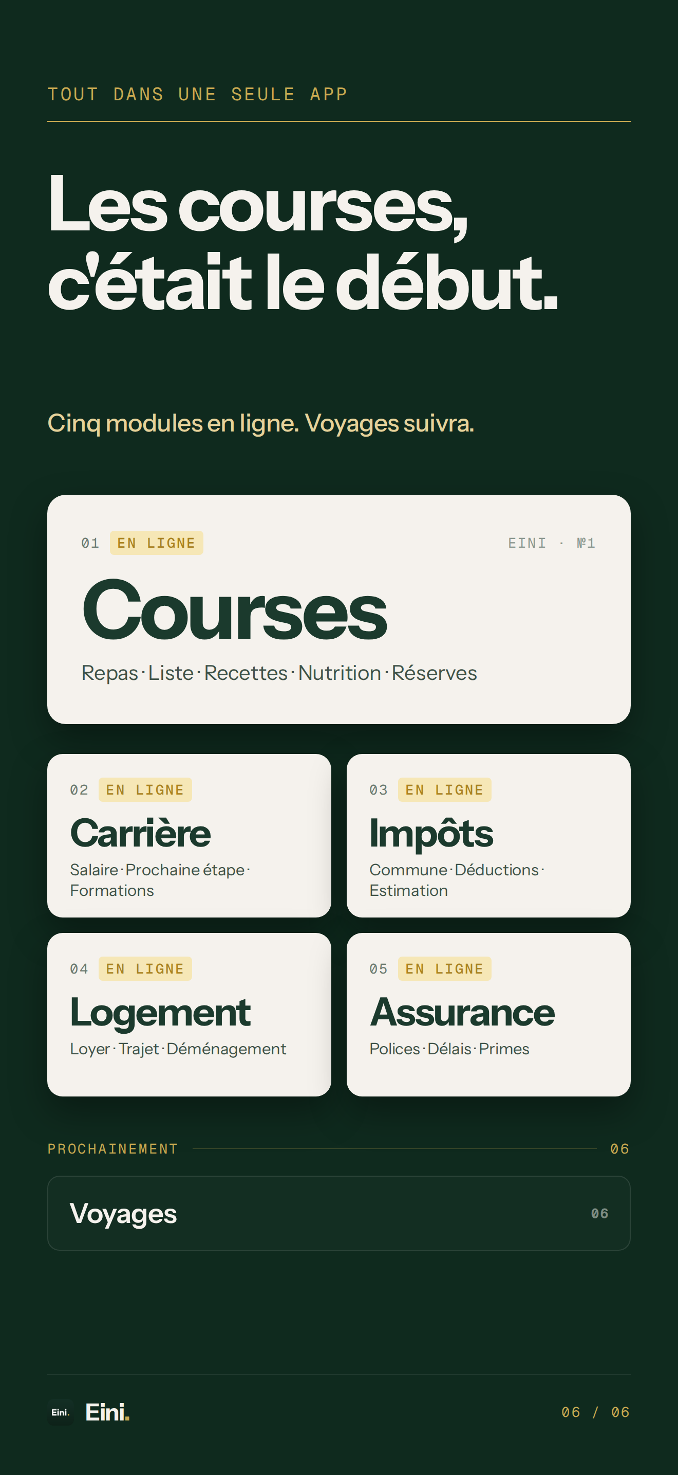 Eini Premium : Courses, Carrière, Impôts, Logement et Assurance sont disponibles, Voyages suit.