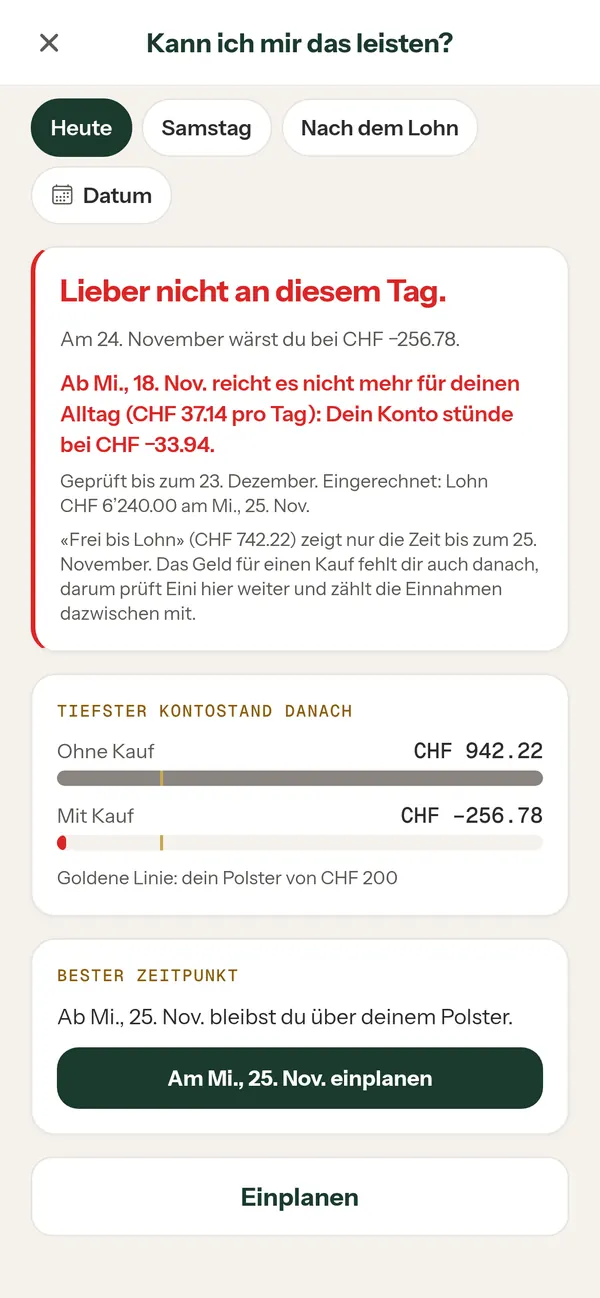 Kann ich mir das leisten? Mit einem Kauf von CHF 1'199 heute: «Lieber nicht an diesem Tag», tiefster Stand CHF -256.78; bester Zeitpunkt ab Mittwoch, 25. November
